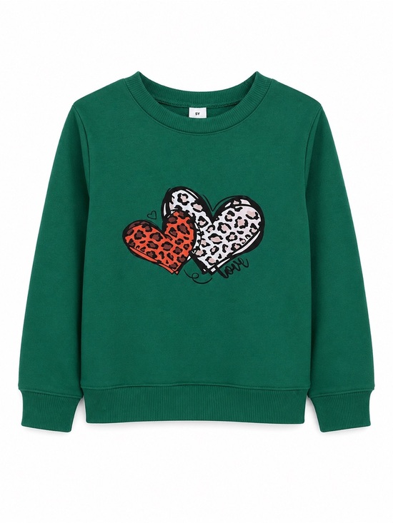 None Other - Girls Green Leopard Heart Sweatshirt Size 5Y Long Sleeve Pullover